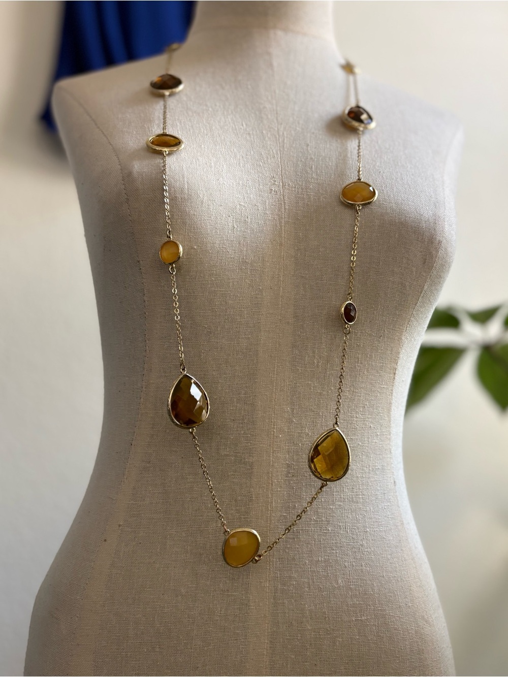 Long Amber Glass Bezel Station Necklace Plated Chain - Women Jewelry